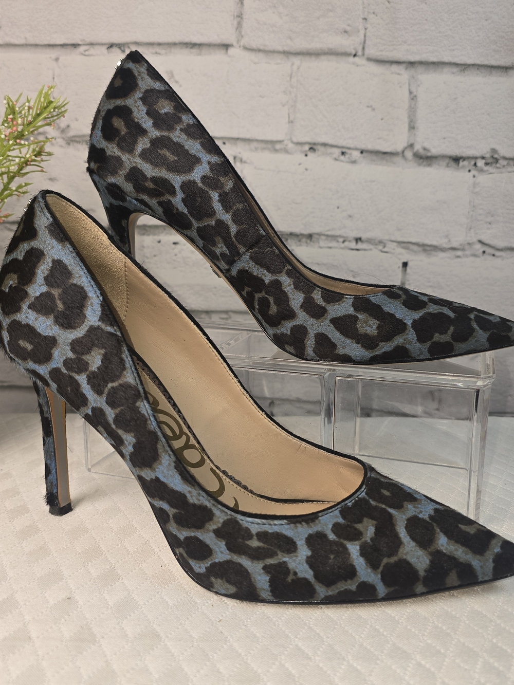SAM EDELMAN HAZEL POINTY TOE PUMPS BLUE BLACK LEAPORD CALF HAIR FINISH WOMENS 7